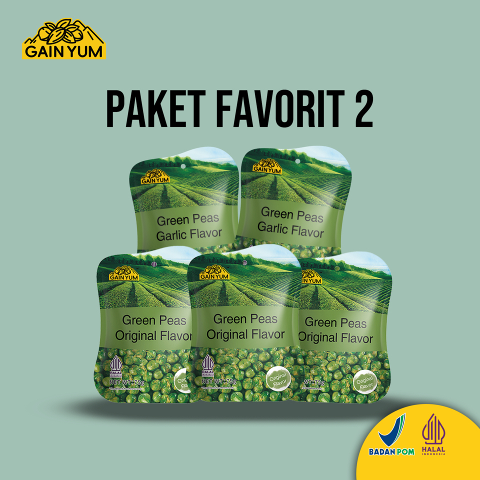 

[ PAKET FAVORIT 2 ] Gain Yum Snack - Kacang Polong Rasa Bawang Putih dan Original Ukuran 75g