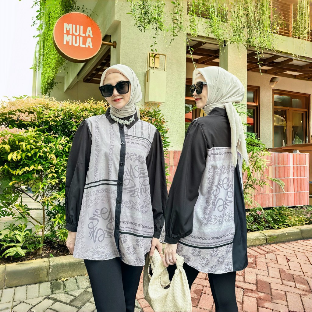 FANMU Blouse Hitam Wanita/Blouse Satin Silk Premium/ Atas Kemeja Motif Kekinian
