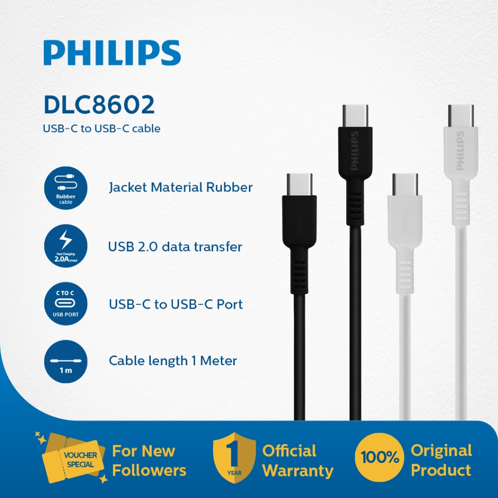 Philips DLC8602 USB-C to C Cable Charge 2.0 Data Transfer 1M