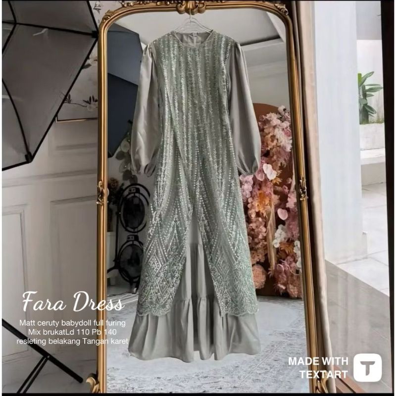 Fara Dress bahan ceruty babydoll full furing mix brukat Dress wanita muslimah Gamis baju midi muslim