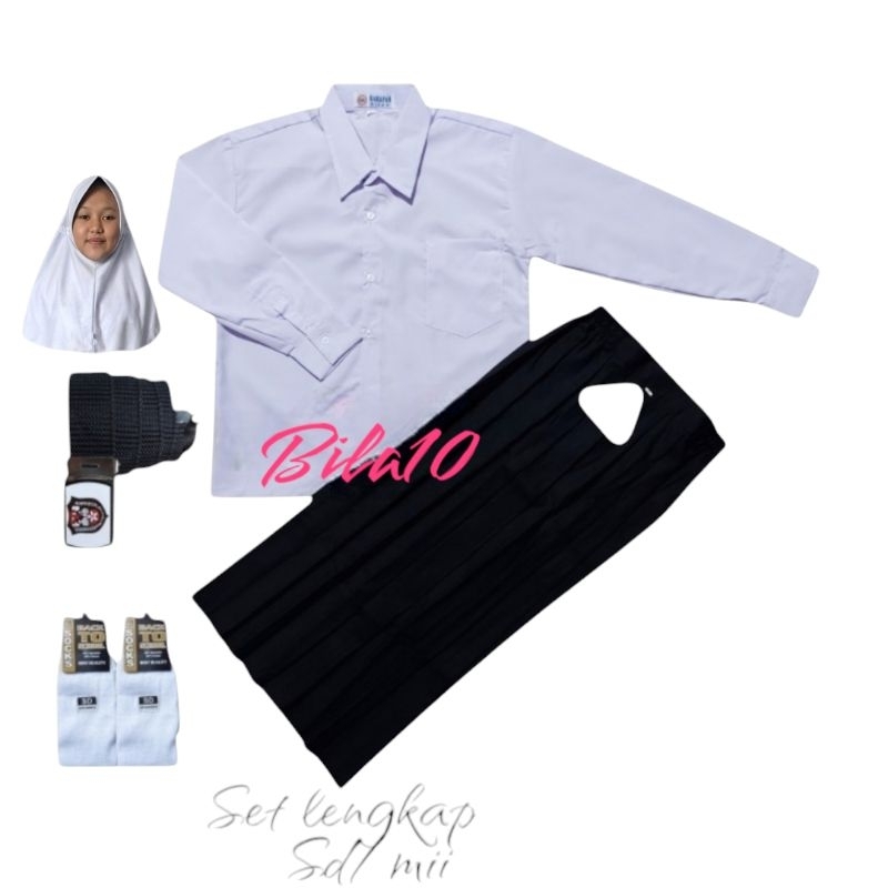 set lengkap baju putih polos panjang rok panjang hitam sd/mii anak perempuan