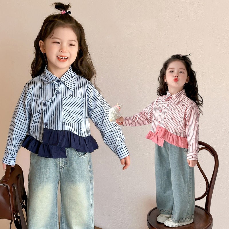 OOTD Anak Perempuan Setelan Anak Perempuan One Set Anak Kemeja Bunga+Celana Jeans Kulot Setelan