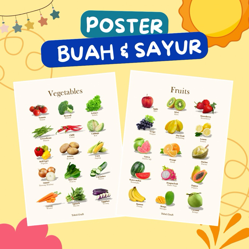 Poster Edukasi Buah dan Sayur - Poster buah dan Sayur - Poster Belajar Anak Ukuran A3+