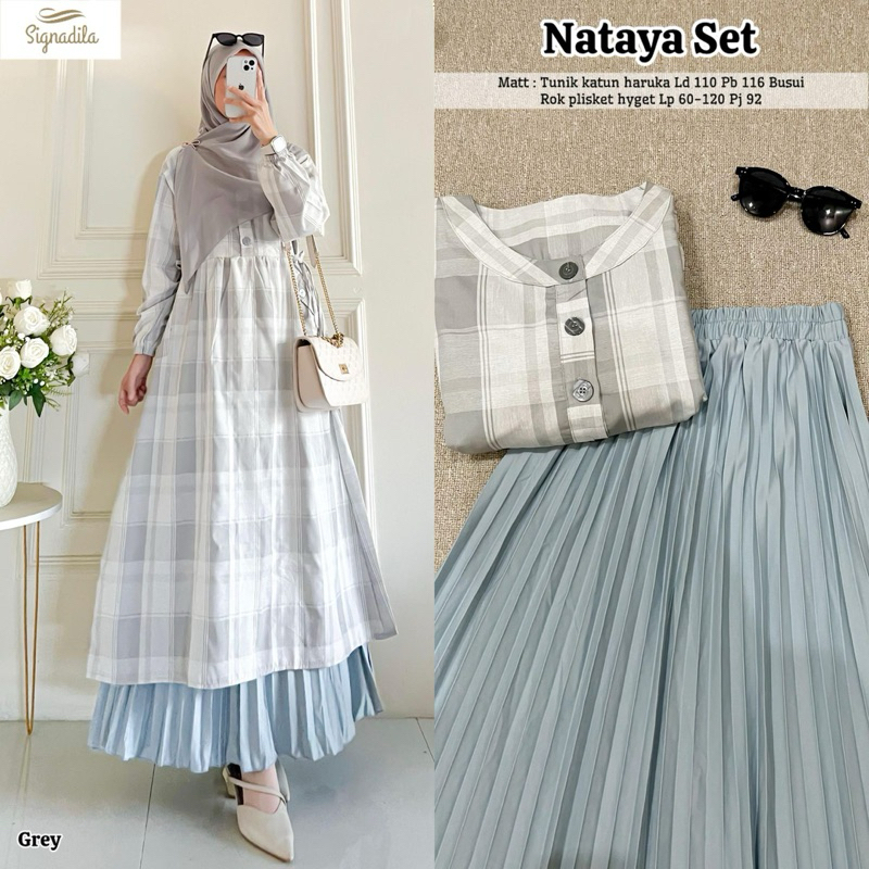 Kun_Hijab Nataya Set Setelan Tunik + Rok Bahan Katun Haruka mix Plisket Hyget LD 110 Signadila