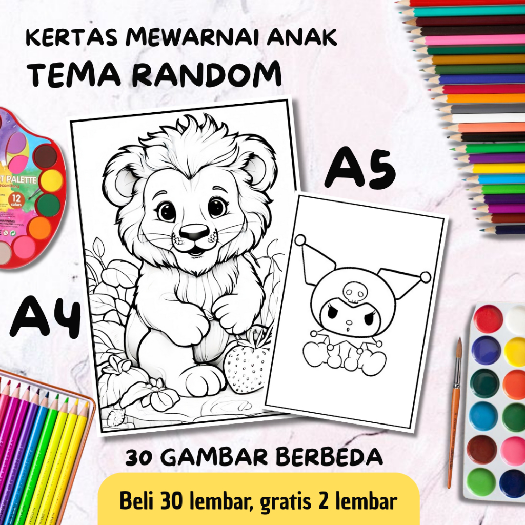 

30 Lembar Kertas Mewarnai Anak tema Random ukuran A5 & A4