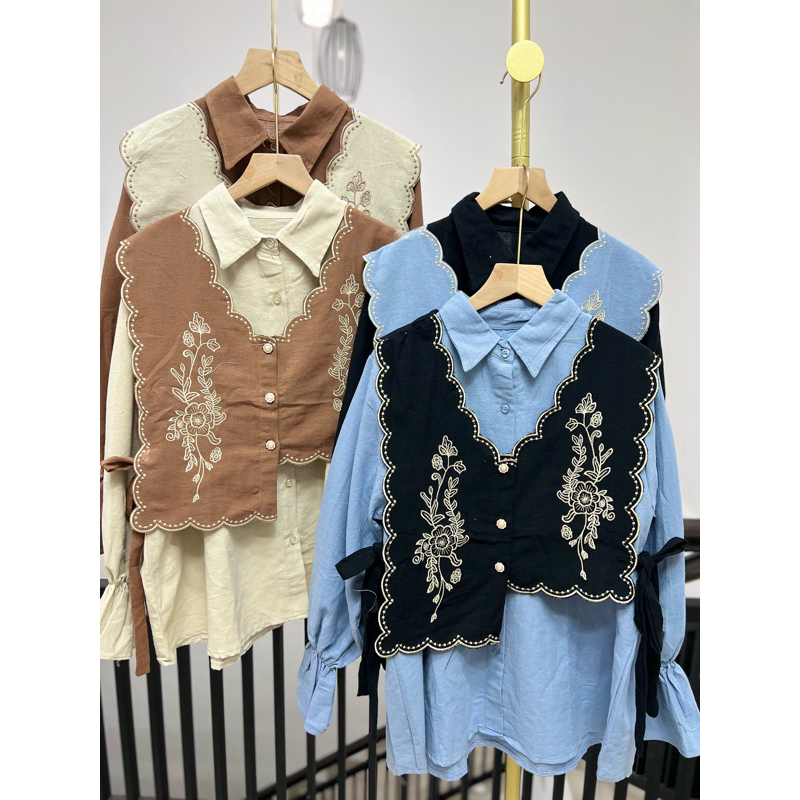 Azra top / atasan linen bordir / blouse vest linen / vest linen / kemeja vest linen bordir all size 