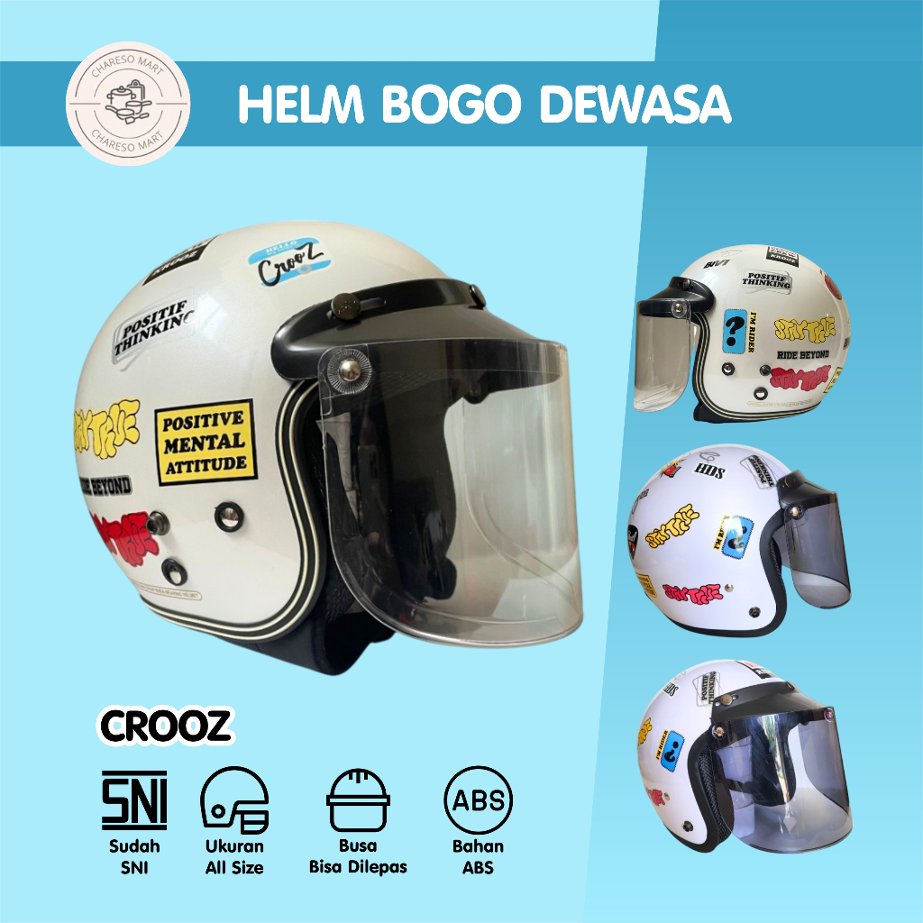 Helm Bogo Dewasa Motif /Helm Classic Retro Putih Crooz SNI