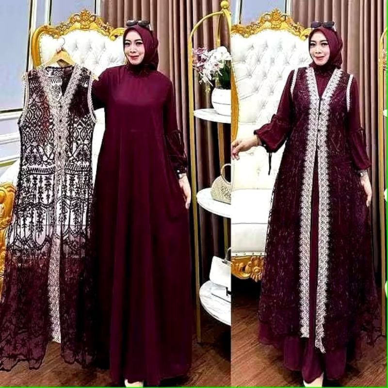Dress Rompi Brukat Naura Dress  Gamis Pesta  Gaun Kondangan  Bahan Ceruti Babydoll Mix Brukat  Mewah