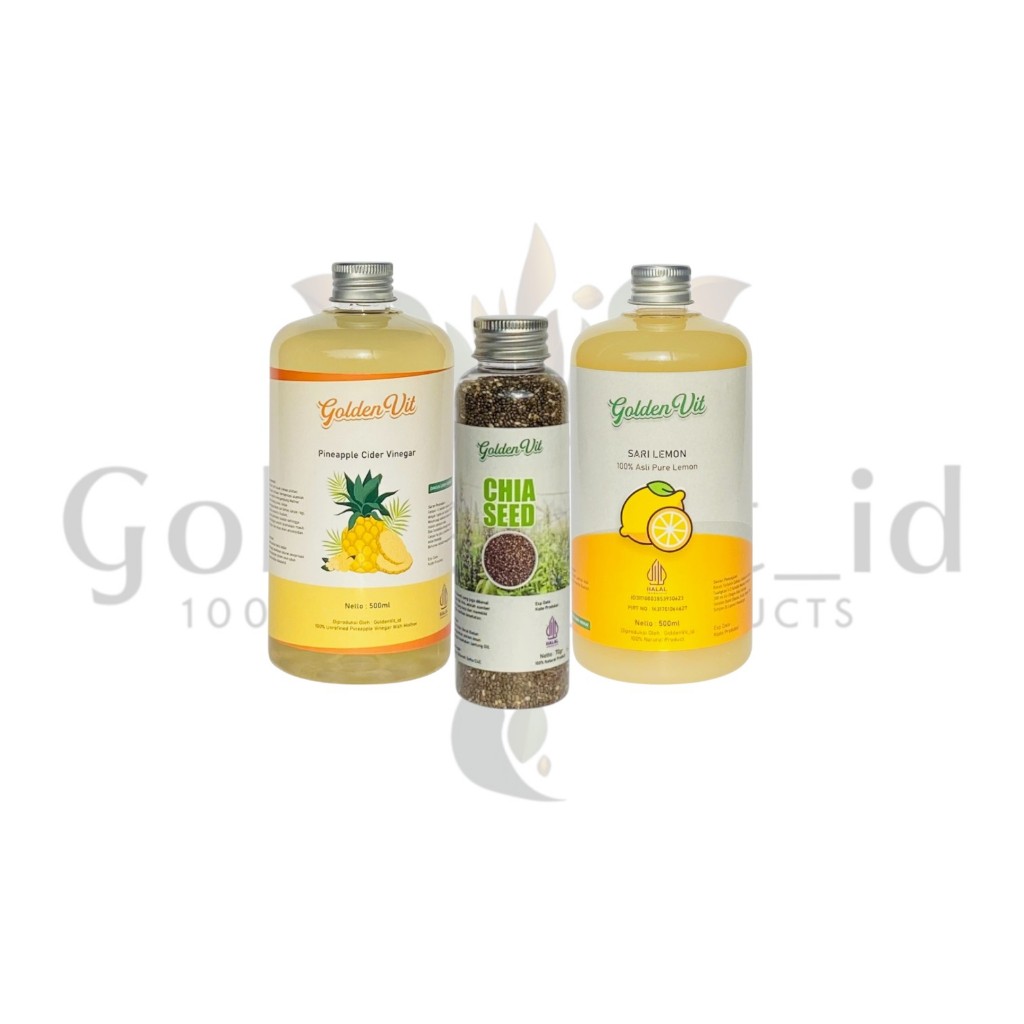 

Goldenvit Paket Hemat 3in1 + Free Gelas Takar Sari Lemon 500ml , cuka nanas 500ml , Chiaseed 70g