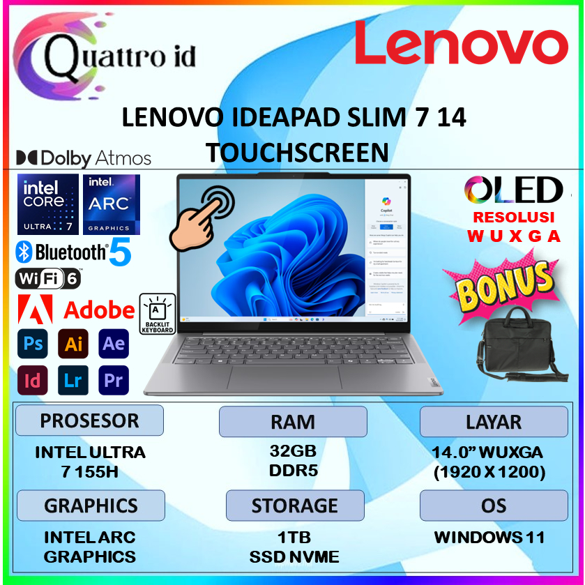 Laptop Ultrabook Lenovo Ideapad Slim 7 14 Intel Ultra 7 155H 32GB Ssd 1TB 14.0 WUXGA OLED Touchscree