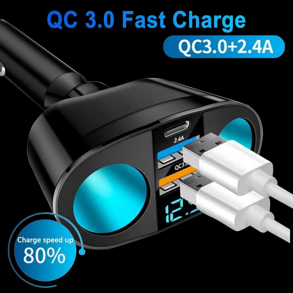 Car Charger Lighter Splitter + Dual USB Type C Quick Fast Charging Pengisi Daya Smartphone Universal