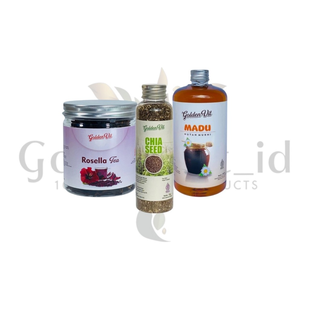 

Goldenvit Paket Hemat 3in1 Teh Bunga Rosella Kering 50g , Madu Hutan 500ml , Chiaseed 70g