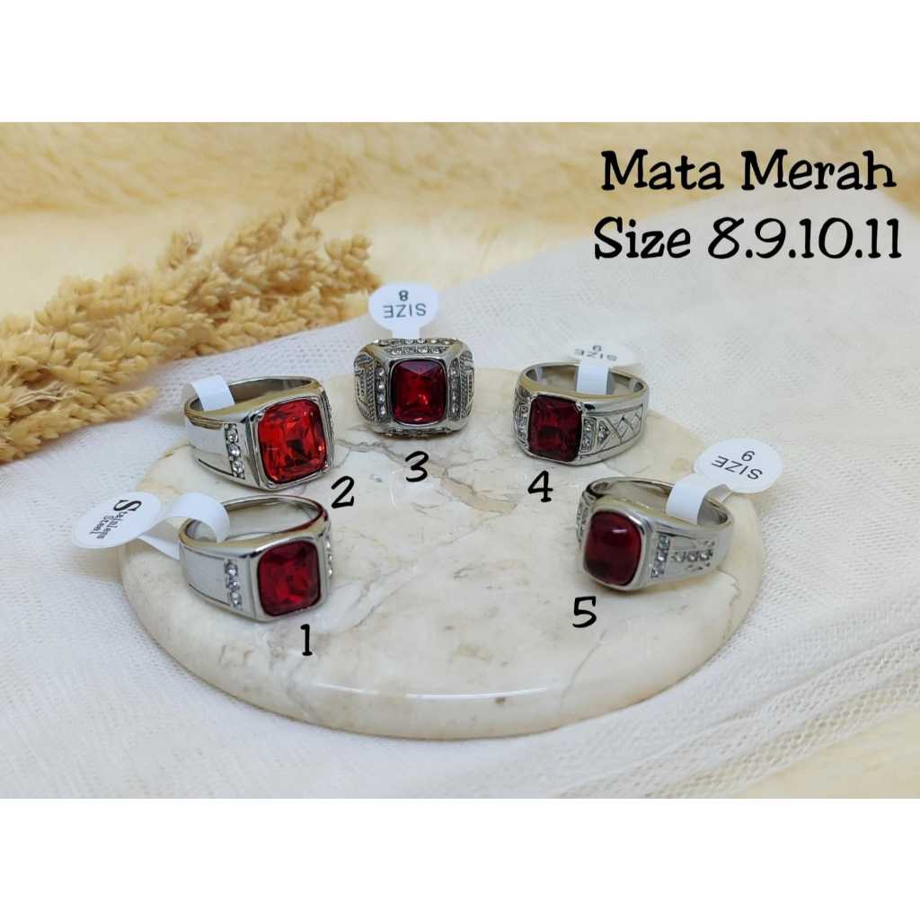 Cincin Titanium Batu Red Onyx Merah Pria Cowok Silver Anti-Karat Super Keren Stainless Steel Casual 
