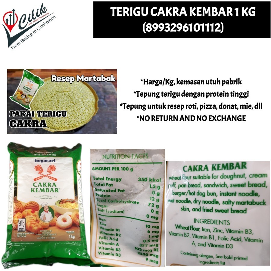 

tepung+terigu+fluor+bahan+resep+baking+kue+bolu+pizza+roti+cookies+kue kering+gorengan+tumisan+makanan+masakan+cemilan+dessert+snack+protein+sedang+tinggi+merk+bogasari+cakra+segitiga+premium+kemasan+1 kg