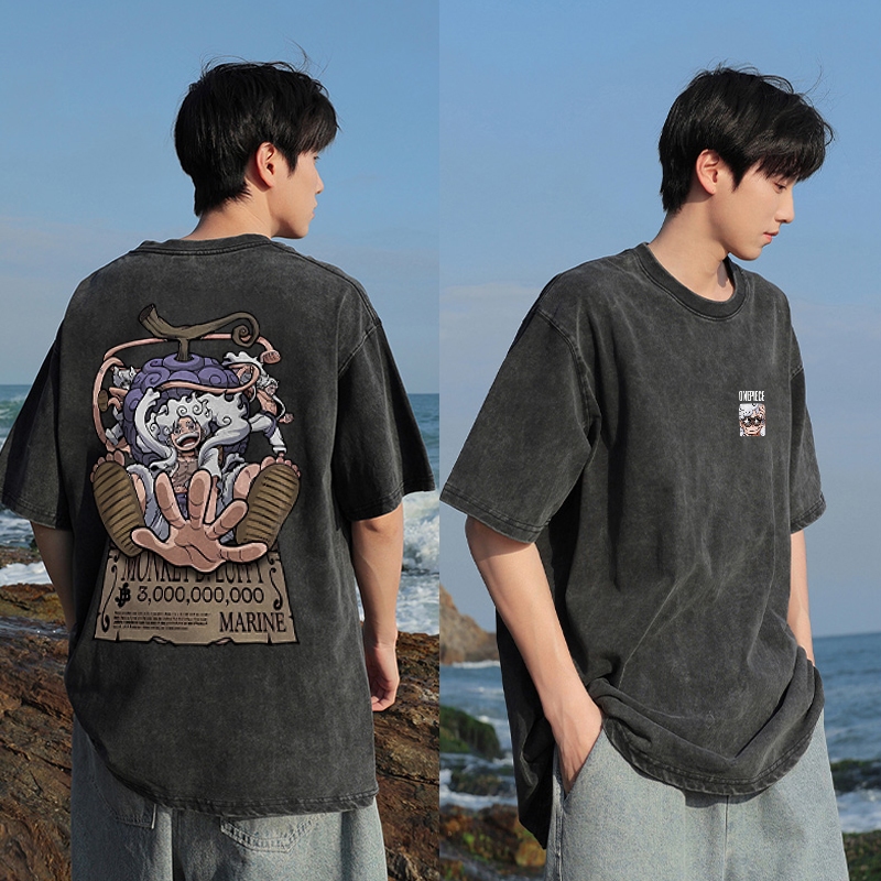 PUERTO Washed Kaos Pria American retro Cartoon One Piece Luffy Baju Oversize Pria Street Style T-shi