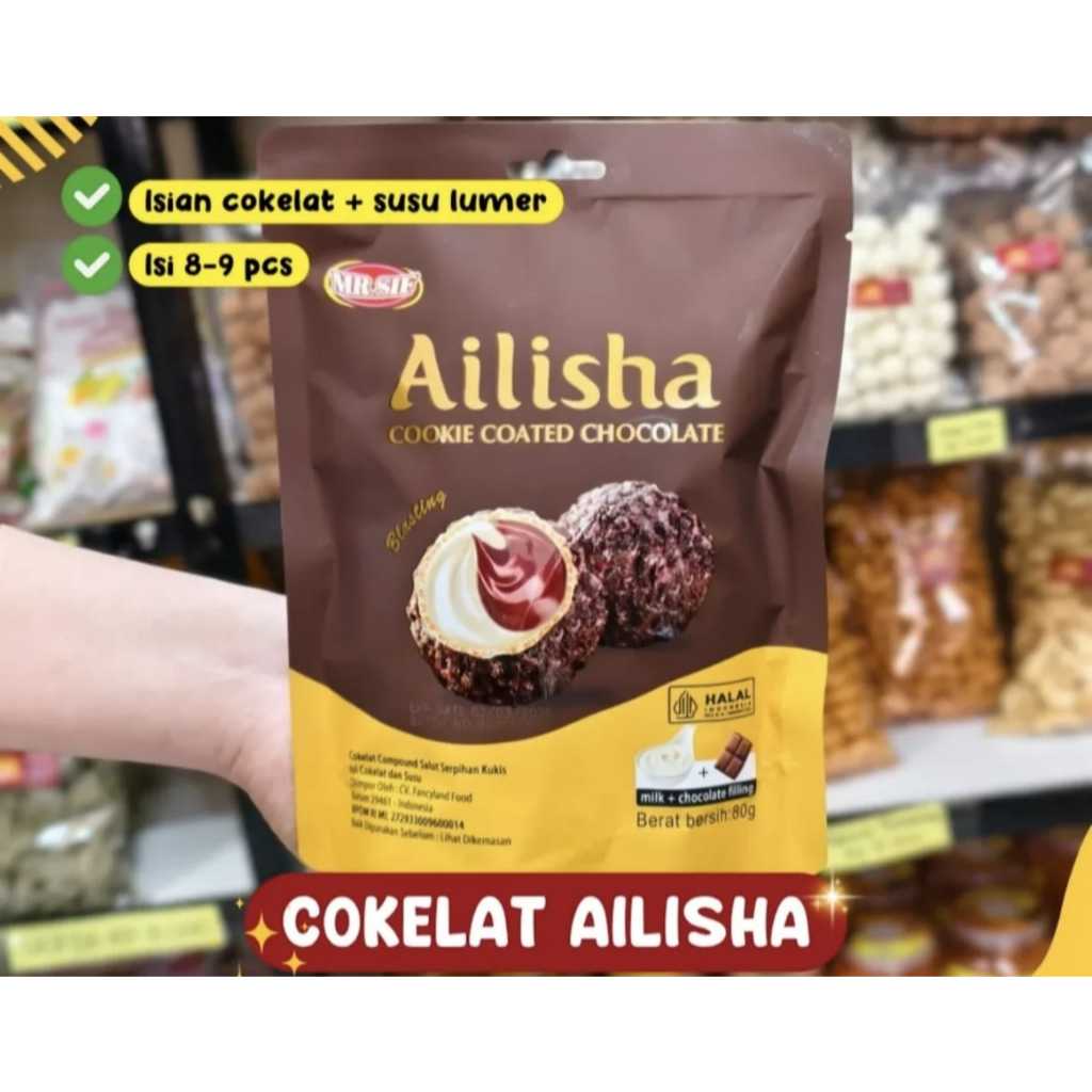 

MR. SIF Ailisha COOKIE COATED CHOCOLATE Blasting Cokelat Compound Salut Serpihan Kukis isi Cokelat dan Susu Rasa milk + chocolate filling 70gr