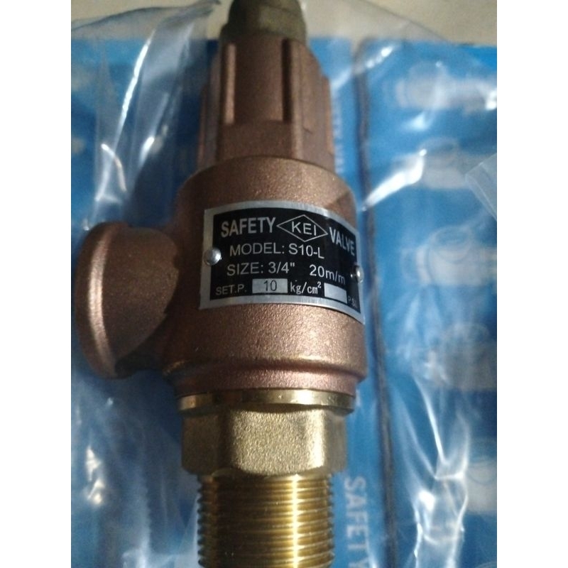 SAFETY Valve Kuningan Merek  KEI   MODEL : S10-LSIZE : 3/4".  20m/mSET.P.   10kg/cm²Made in Taiwan B