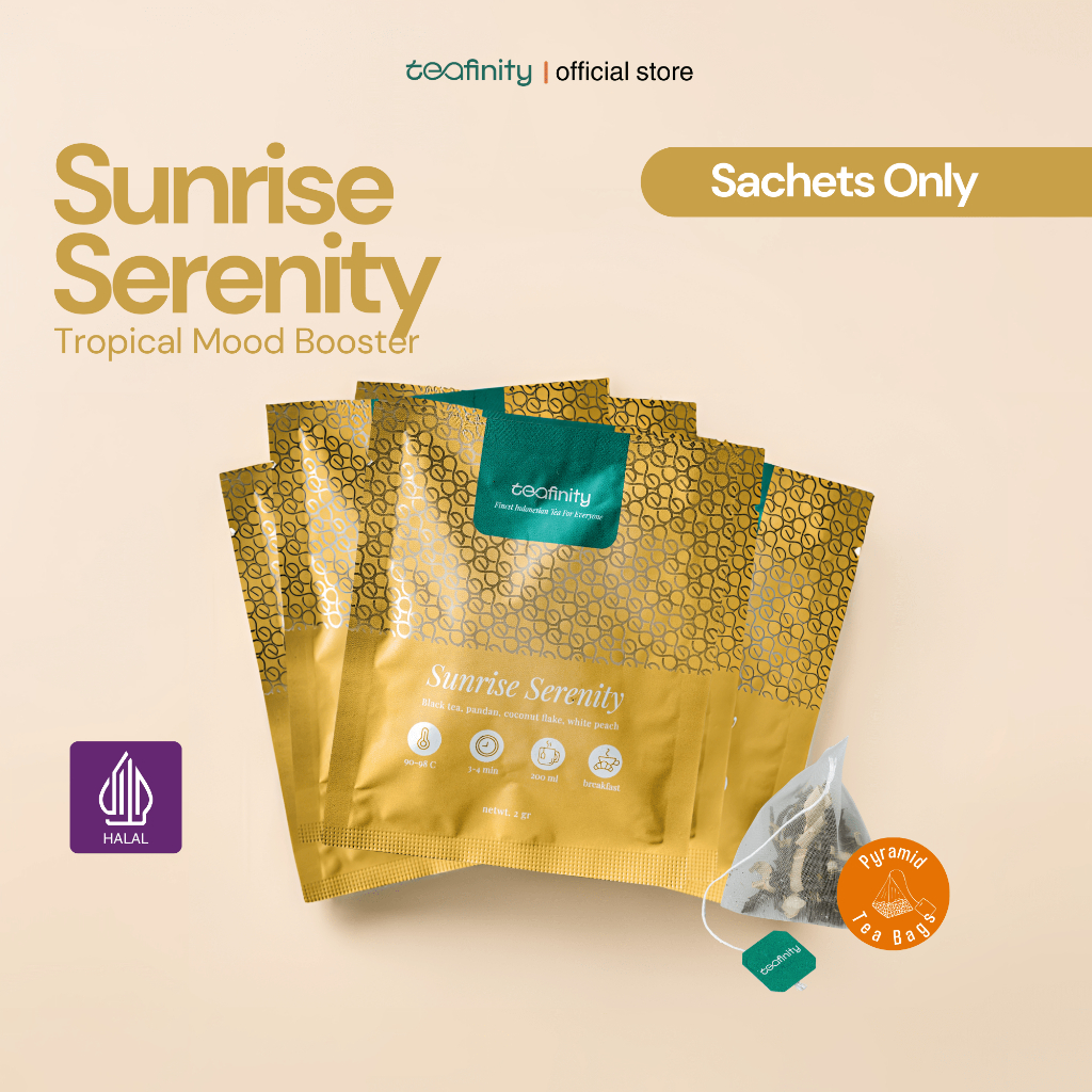 

Teafinity Sunrise Serenity | Sachet | Black Tea Teh Hitam Pandan Kelapa Peach | Grosir | HORECA