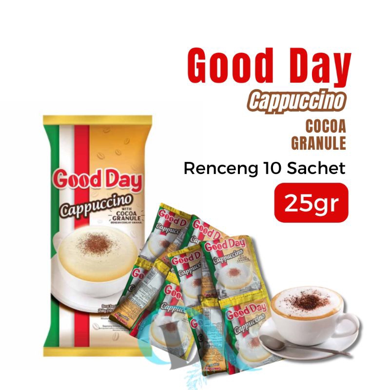 

GOOD DAY Kopi Cappuccino. 1 Renceng 25gr (ISI 10 sachet) Whit Cocoa Granule.