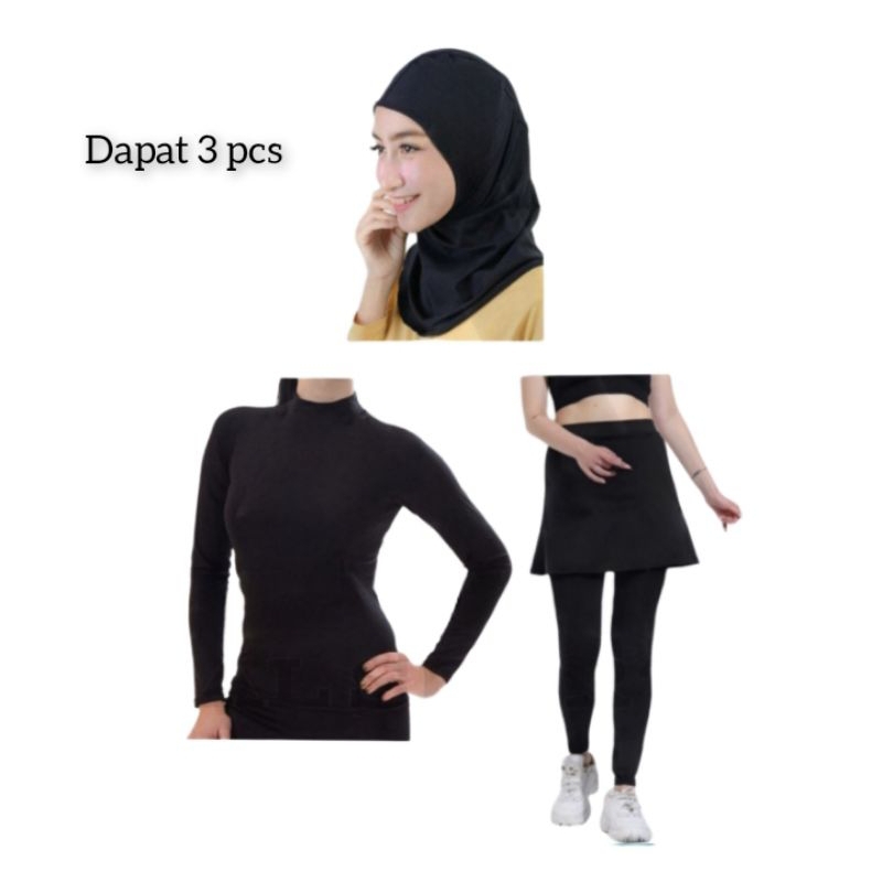 STELAN OLAHRAGA MUSLIM WANITA ROK LEGGING CEWE BAJU MANSET LENGAN PANJANG DAN JILBAB PEREMPUAN LARI 