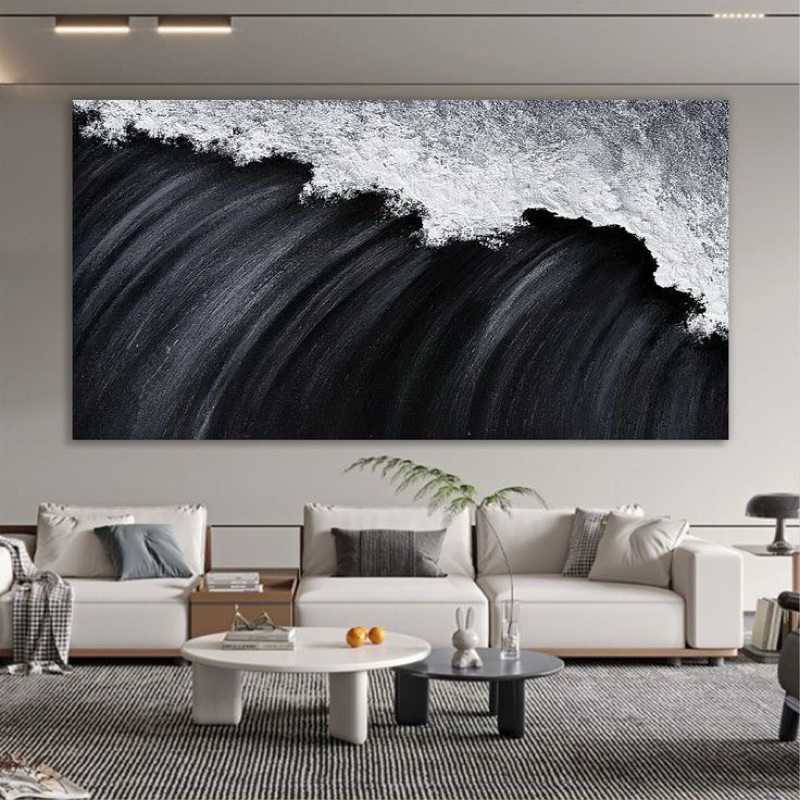 Lukisan Pantai Hitam Putih Landscape Tekstur Timbul Tebal Modern Art Aesthetic Hiasan Dinding