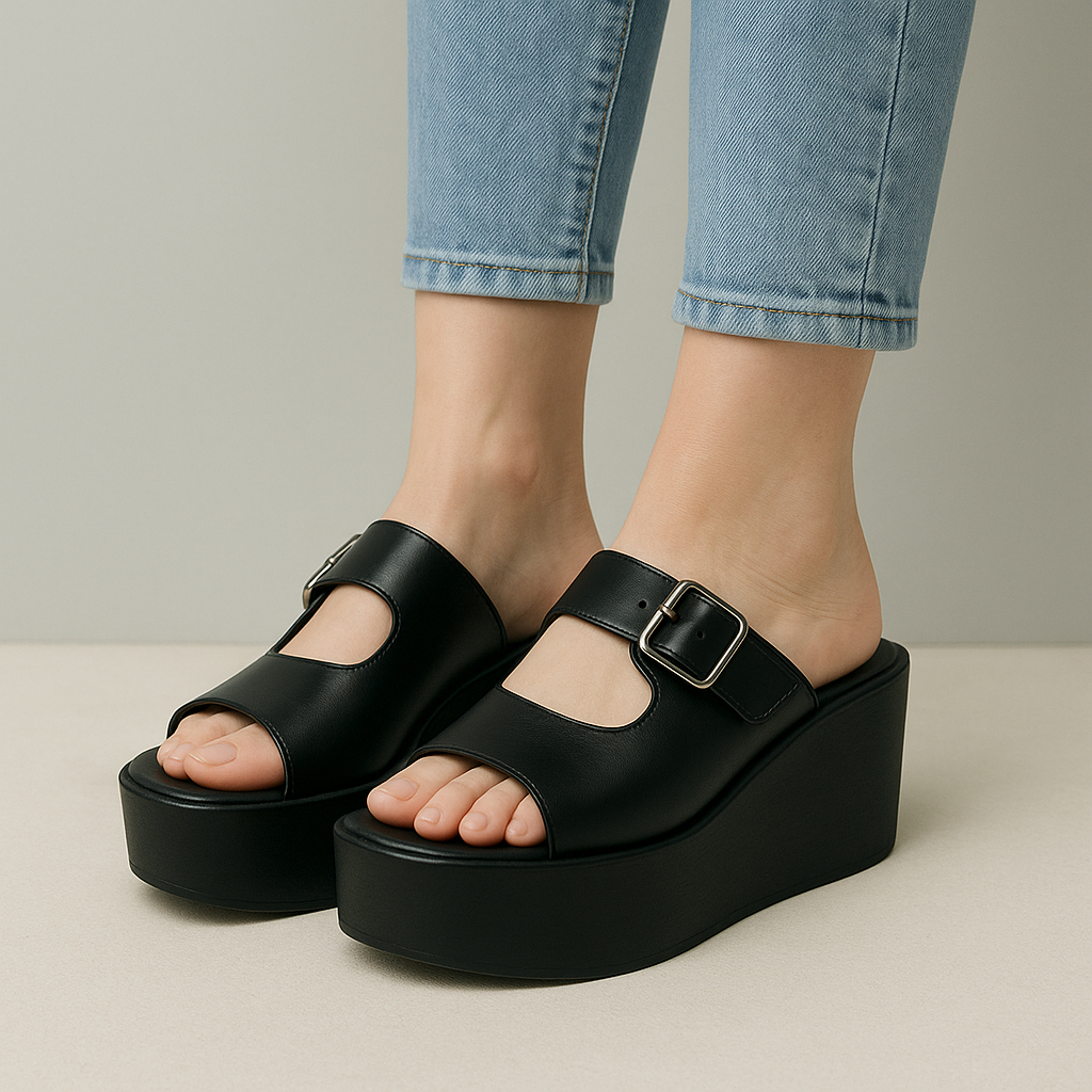 Big Size No.45 44 43 42 41 40 Sandal Wedges Wanita Hak 8cm Sepatu Wedges Jumbo Selop Gesper