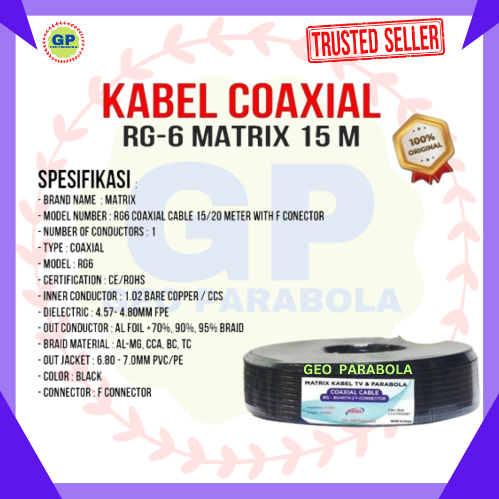 KABEL PARABOLA MATRIX 15 METER RG6 + KONEKTOR PARABOLA UNTUK ANTENA PARABOLA DAN ANTENA TV