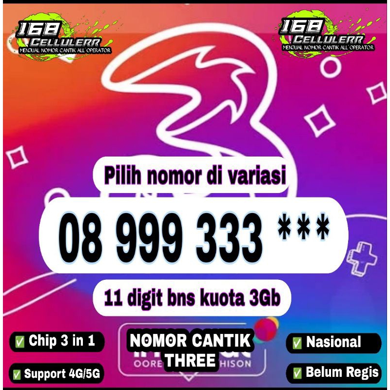nomor cantik tri kartu perdana three 4G 11digit rapih sim card 3in1