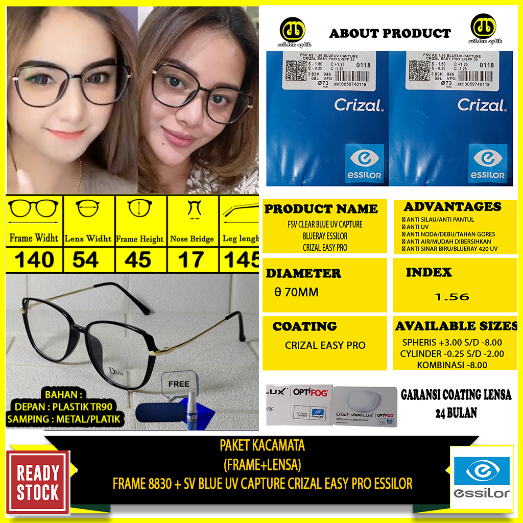 PAKET KACAMATA FRAME 8330+ESSILOR BLUE UV CAPTURE CRIZAL EASY PRO/ELEMENTS ORIGINAL