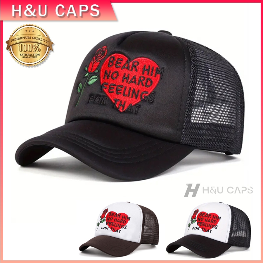 Rose Heart Embroidery topi baseball fashion topi trucker pria wanita outdoor sport mesh cap net hat