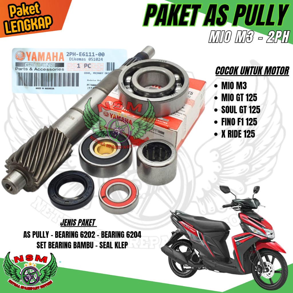 PAKET LENGKAP 5ITEM 2PH AS PULLY MIO M3 + BEARING 6202 + BEARING PULLY + LAHAR 6204 + SEAL AS PULLY 