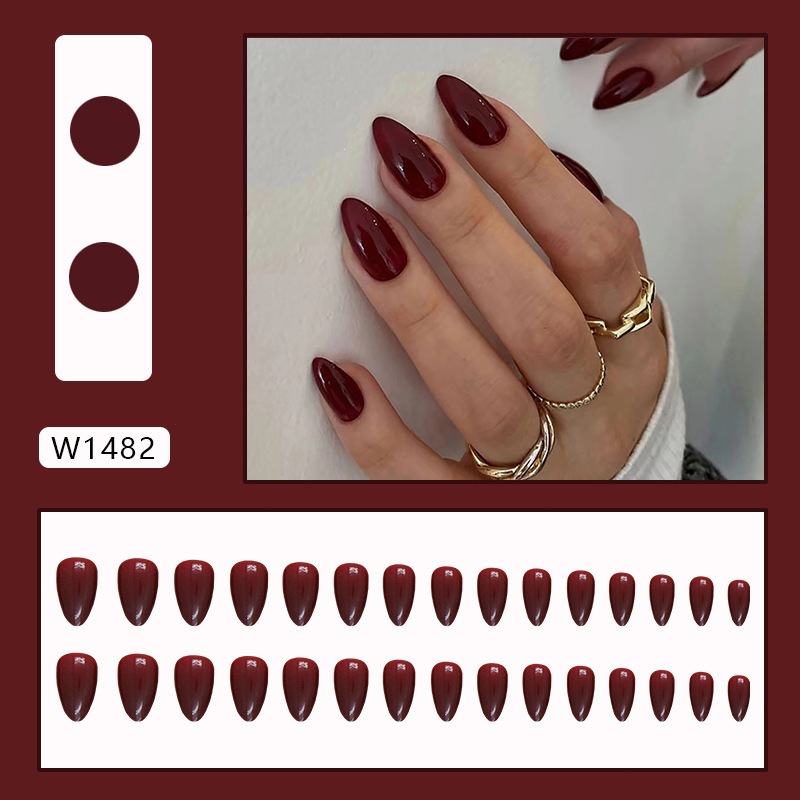 NS 24pcs 3D Kuku Palsu Pendek Maroon With Kotak(Free lem) Perawatan Kecantikan Kuku Wedding