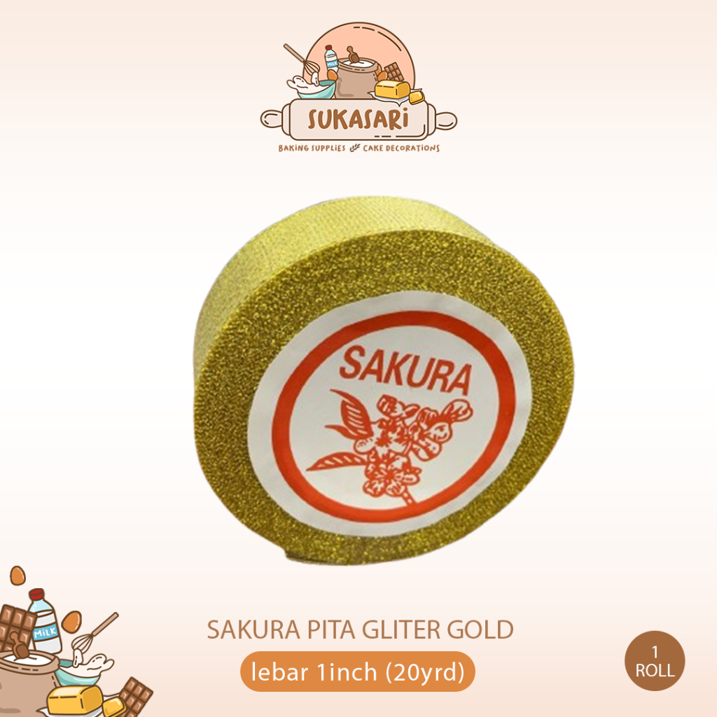 

Sakura Pita Gliter Gold 1 Inch 2,5cm panjang 22 meter Pita Emas harga per roll