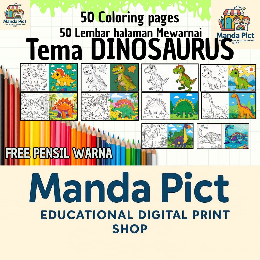 

Seri Gambar Mewarnai Dinosaurus Lucu 50 Lembar Anak TK SD PAUD Kertas Tebal 100gr Dinosaur theme