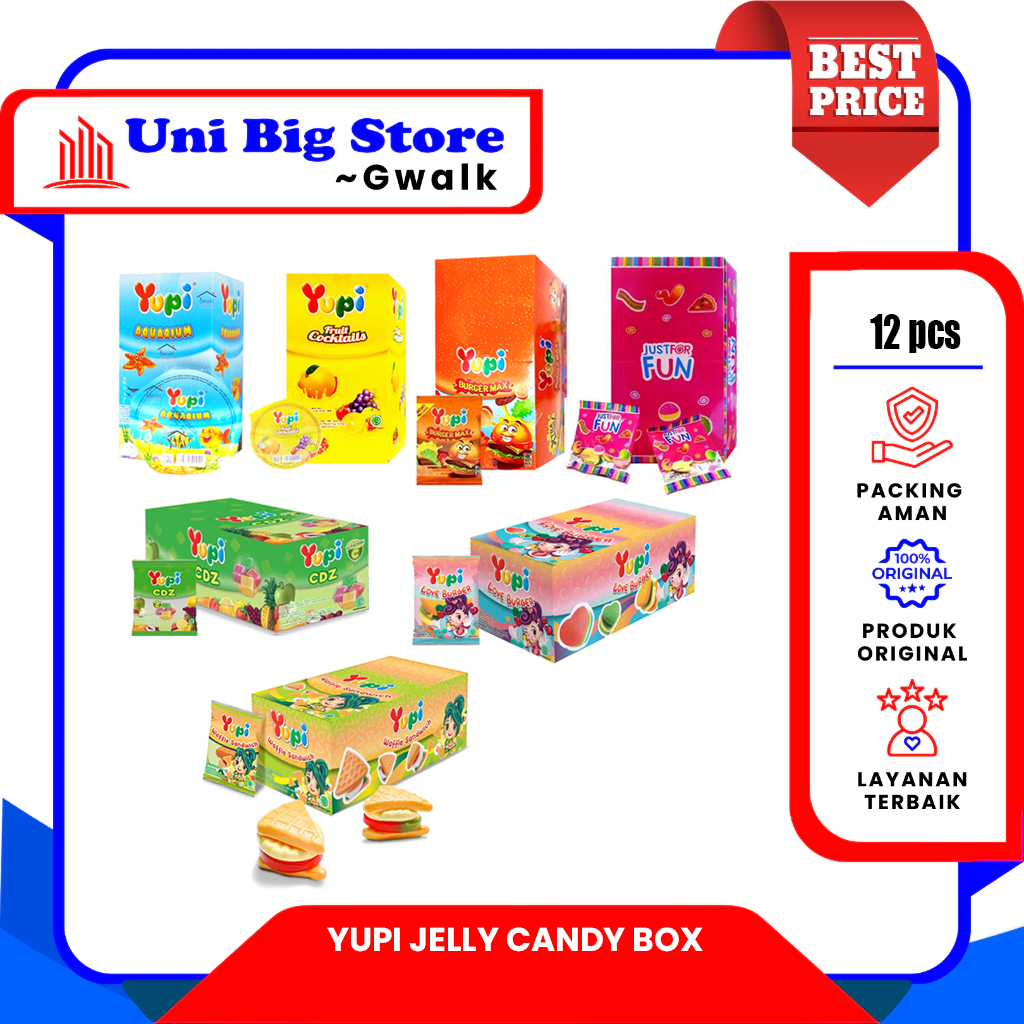 

PERMEN YUPI JELLY CANDY AQUARIUM - BURGER MAX - FRUIT COCKTAIL BOX - (12 pcs x 10 gr)