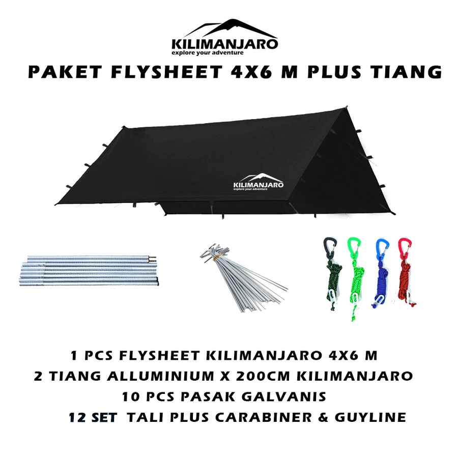 Paket Flysheet 4x6 M Berkualitas Plus Tiang Flysheet Kilimanjaro - Plus Pasak Dan Tali - Bivak