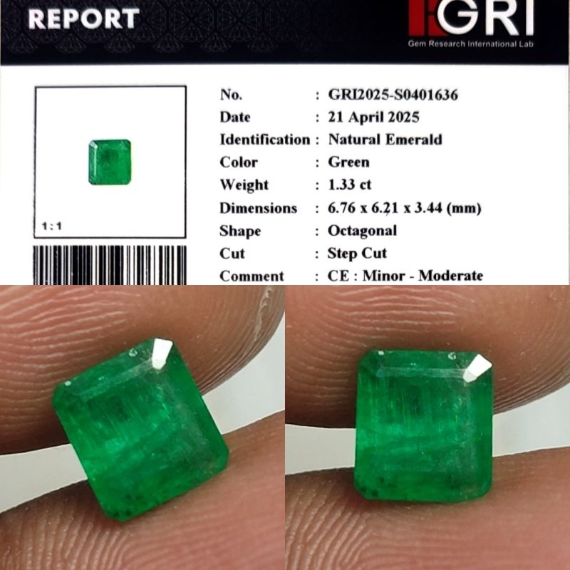 Natural Emerald Ijo Botol Zamrud Jamrud 1.3ct GRI Material Crystall Good Luster Gemericik Warna Ijo 