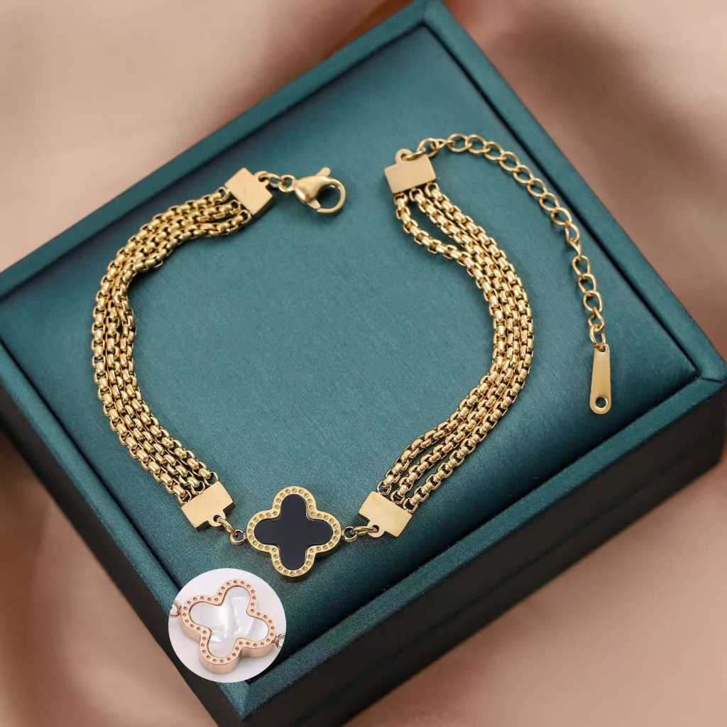 Gelang Tangan Wanita Titanium Clover Hitam Putih Mewah Elegan