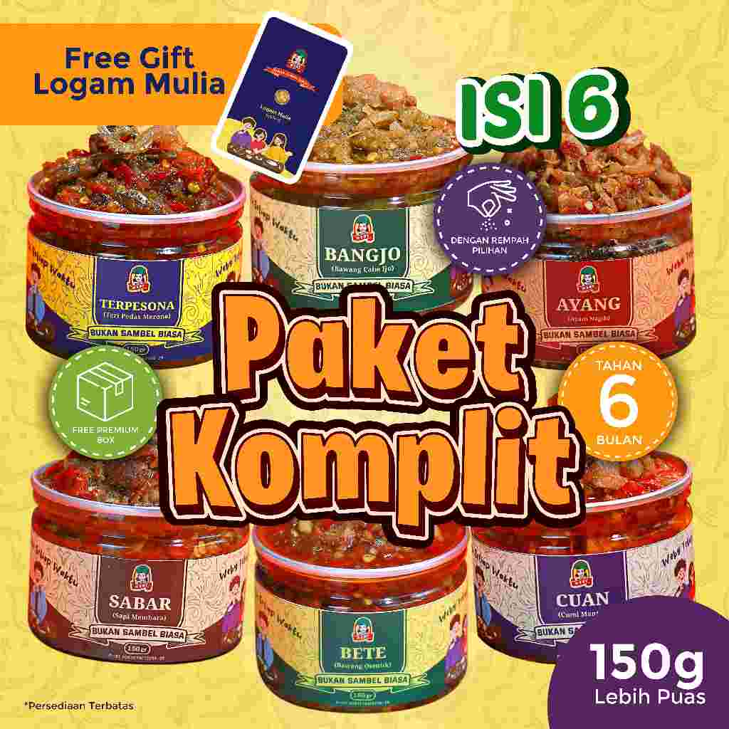 

FREE GIFT LOGAM MULIA - Sambal Weby Paket Komplit 6 Varian - Sambal Cumi, Sambal Ayam, Sambal Daging, Sambal Cabe Ijo, Sambal Bawang, Sambal Teri isi 150 gr