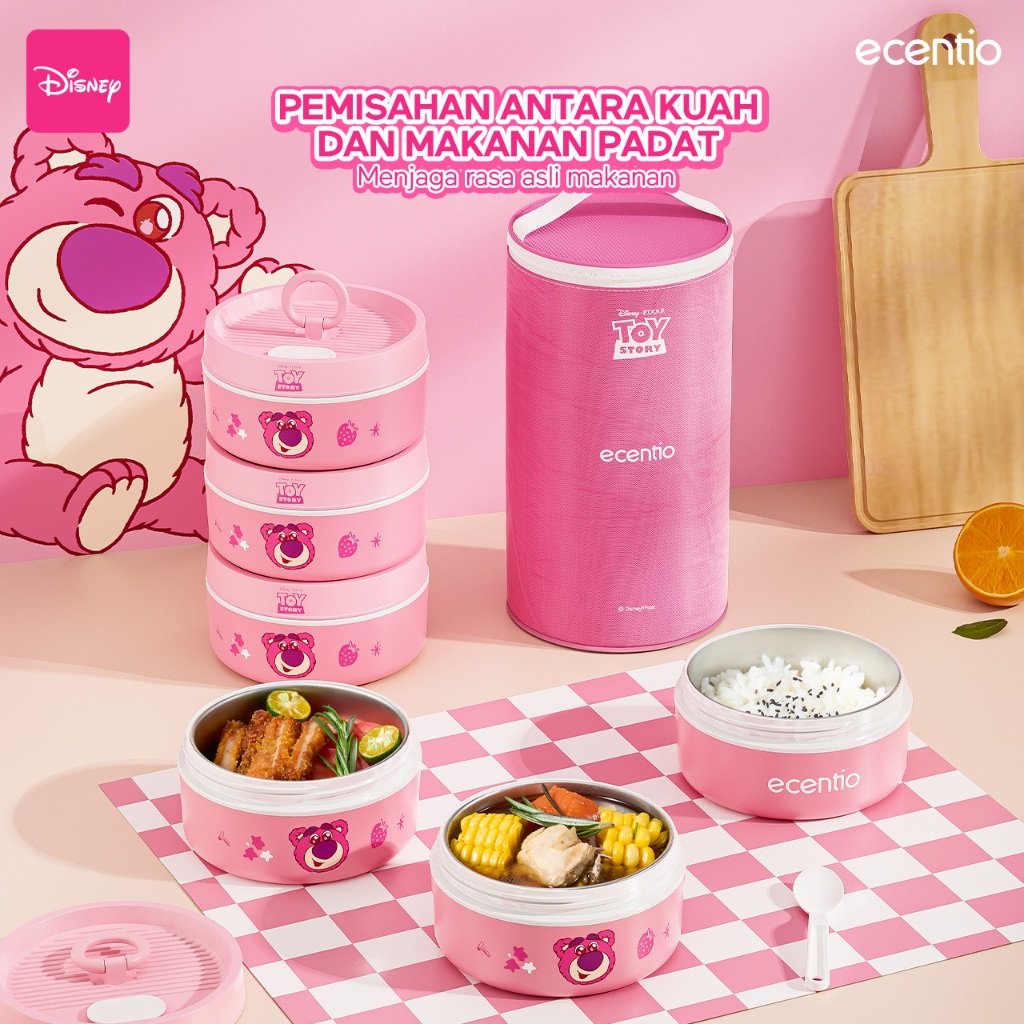 ecentio lunch box disney lotso tempat makan siang bundar bertingkat tiga 304 stainless steel