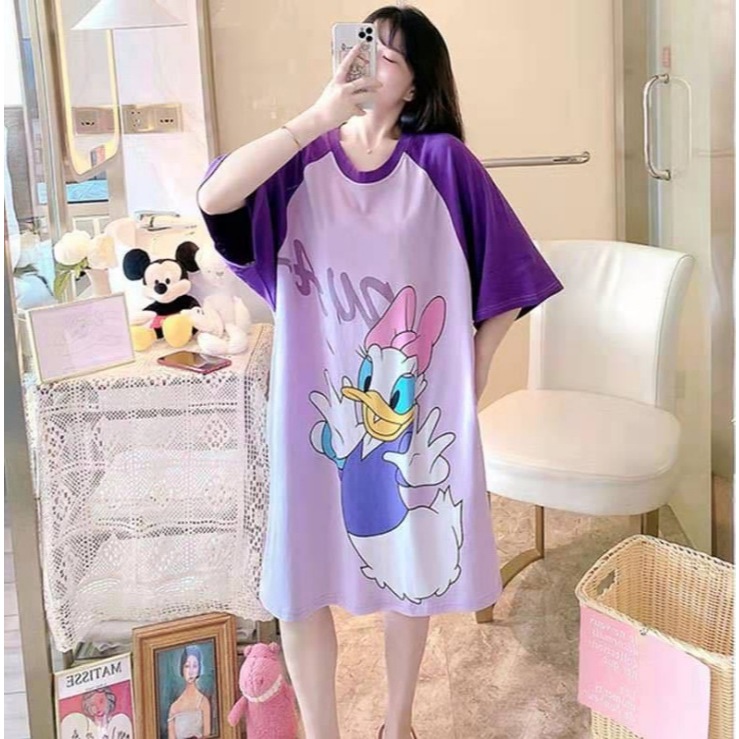 New GGS Piyama Daster Baju Tidur Jumbo Wanita Kaos Selutut Lengan Pendek Oversize Motif Karakter