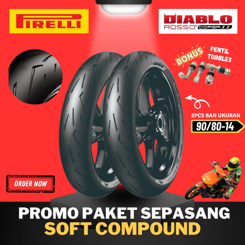 [PAKET SEPASANG 2 BAN] BAN PIRELLI DIABLO ROSSO CORSA 2 RING 14 ( 90/80-14 ) SOFT COMPOUND RING 14 1