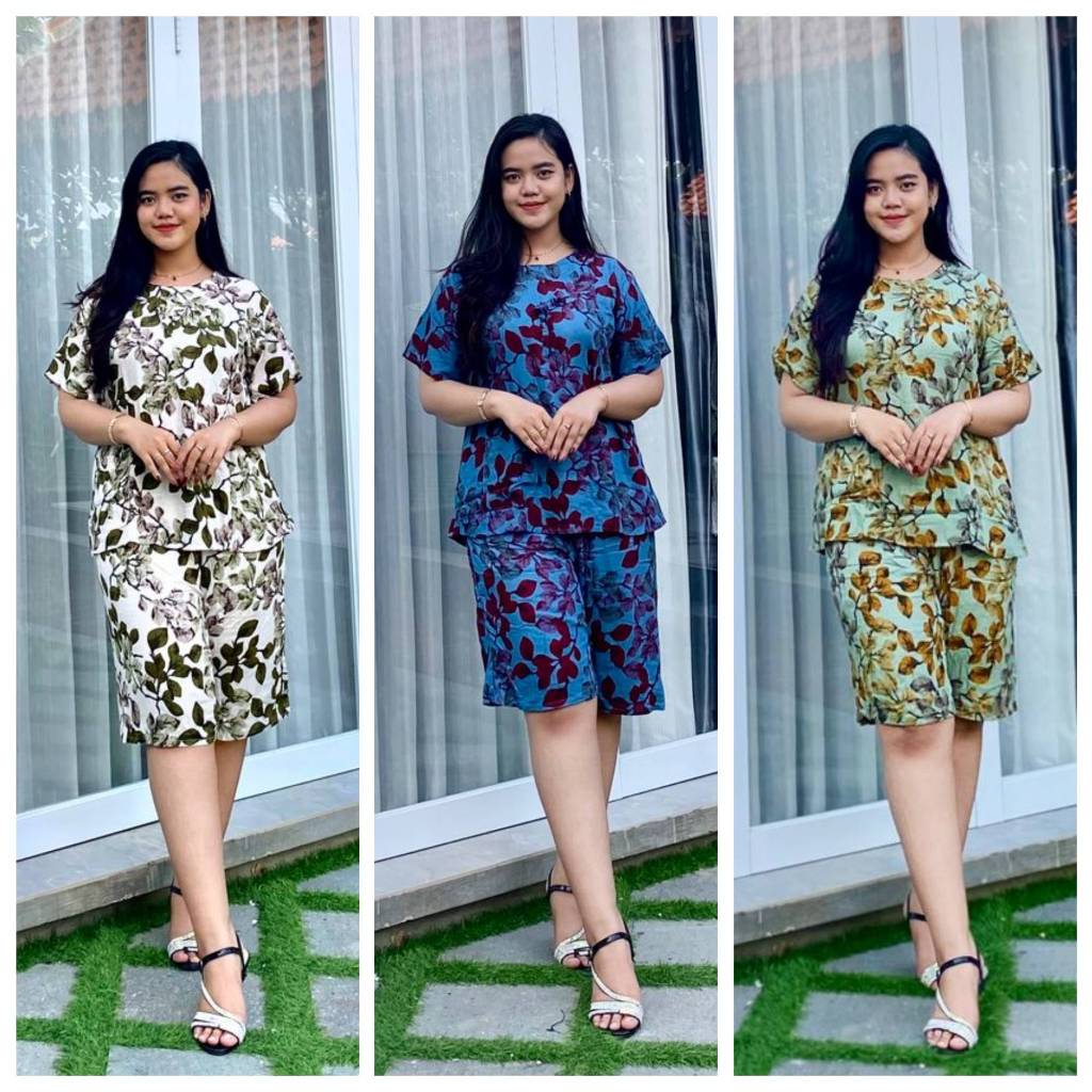 Setelan One Set Rayon Baju Tidur Piyama Rumahan Wanita Lengan Pendek Celana Karet Pendek Mboke Grosi