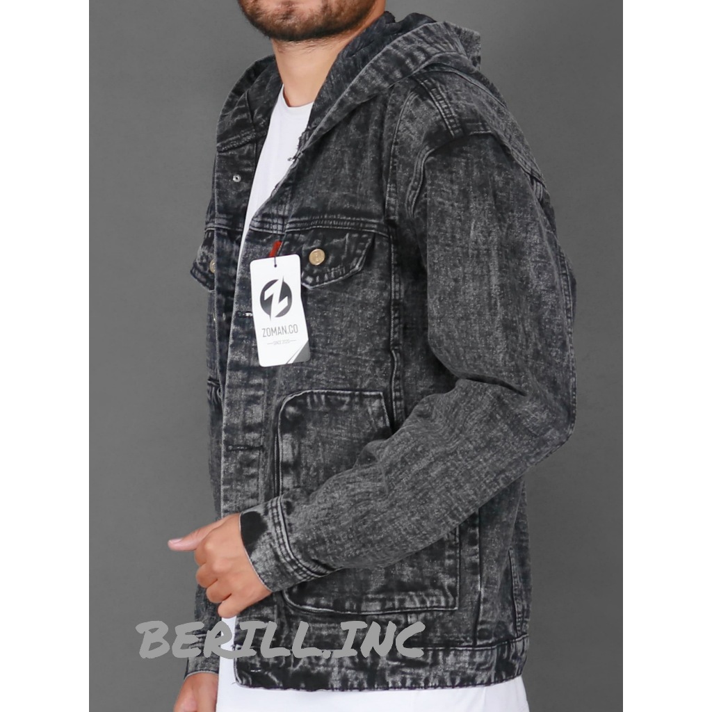 BERILL.INC Jacket Denim Kupluk Pria Wanita Model Terbaru - Black Sandwash