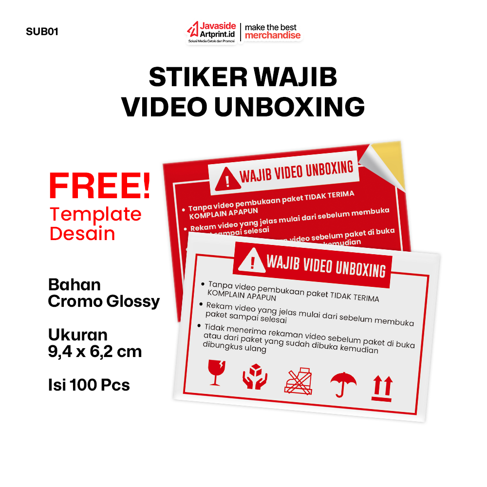

Stiker Wajib Video Unboxing ( isi 100 Pcs ) - SUB01 - Ukuran Besar 9,4 x 6,2 cm
