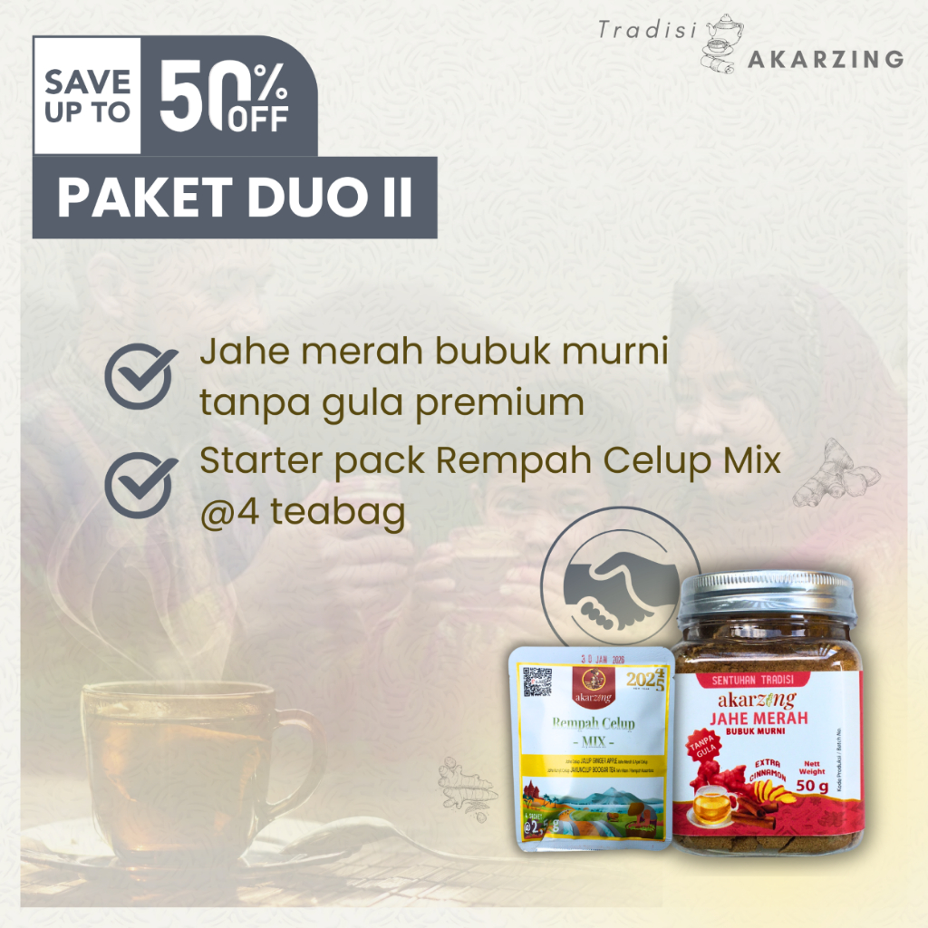 

Akarzing Paket Duo Jahe Merah Bubuk Tanpa Gula 50g + Starterpack Rempah Celup Mix 4tb