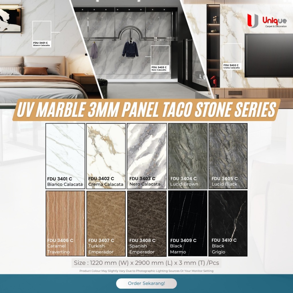 TACO FIDECO 2D Wall Panel Stone Series / UV Marble TACO 3mm Ukuran 122cm x 290cm / Panel Marmer PVC 
