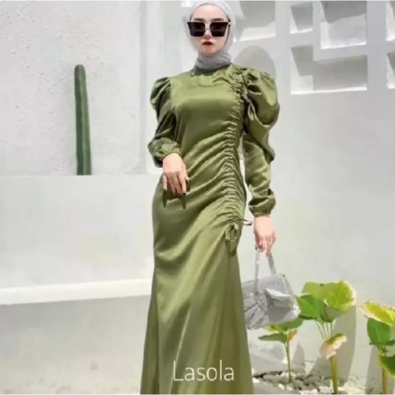 dress satin army udah dipayet