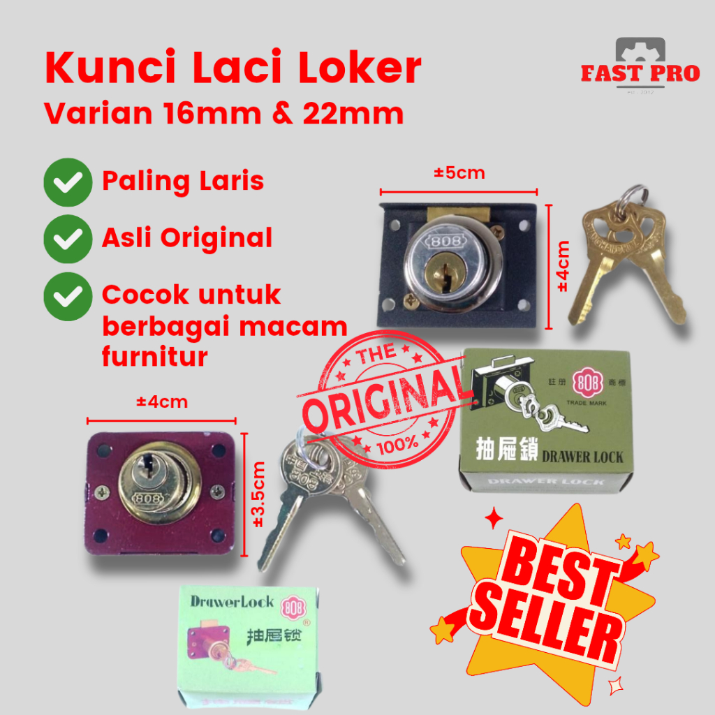 Kunci Laci Lemari Loker 808 Asli Besar Kecil Kunci Laci Furnitur 22 MM 16 MM