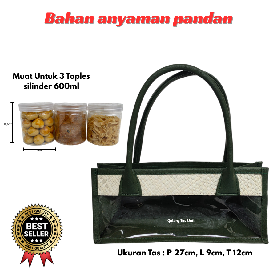 

Tas Hampers Mika Anyaman Pandan Untuk 3 Toples Silinder (Hijau Army) Keranjang Parcel Hari Raya